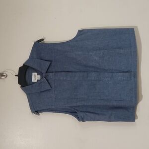 Women's Christopher and Banks blue linen vest button up with collar, pockets.